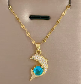 Dolphin Blue Zircon Pendant Necklace High Quality 18k Gold Plated Stainless Steel