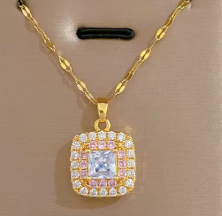 Square Pendant Necklace High Quality 18k Gold Plated Stainless Steel with White and Pink Zircon