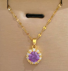 Purple Zircon Flower Pendant Necklace High Quality 18k Gold Plated Stainless Steel