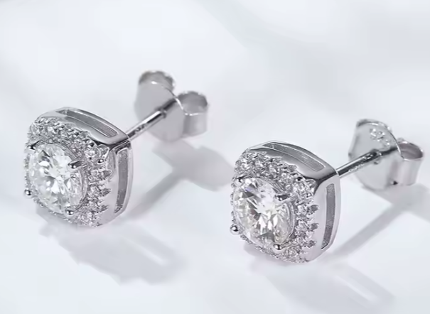 Halo Square Shape 925 Sterling Silver Moissanite 1ct Stud Earring