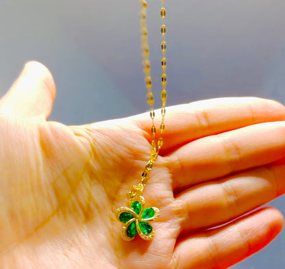 Emerald Zircon Flower Pendant Necklace High Quality 18k Gold Plated Stainless Steel