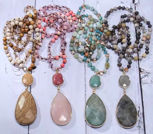 Natural Stone & Crystal Glass 6mm Trendy Bohemian Vacation Necklace (86-88 cm)