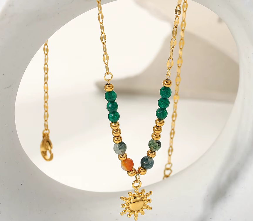 Natural Stone Stainless Steel 18K Gold Plated Handmade Necklace with Colorful Green Beads Sun Pendant