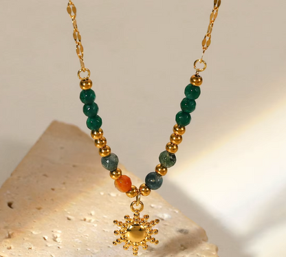 Natural Stone Stainless Steel 18K Gold Plated Handmade Necklace with Colorful Green Beads Sun Pendant