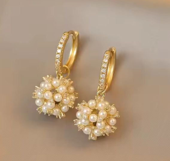 Crystal Ball Pearl 18K Gold Plated Earrings for Women