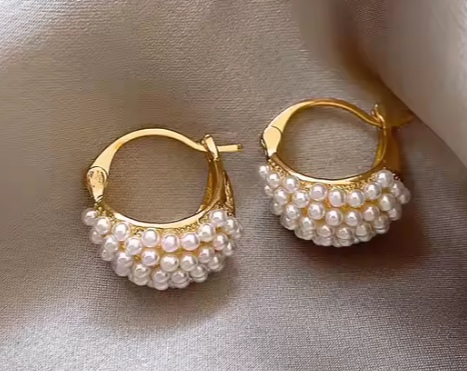 Elegant U-shaped Basket Pearl Gold Plated Crystal Korean Earrings