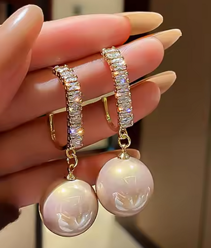 Luxury Round Crystal Pearl 18K Gold Plated Dangling Earring