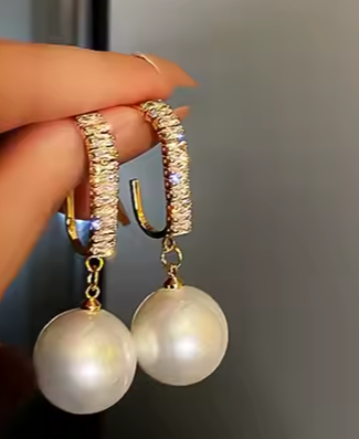 Luxury Round Crystal Pearl 18K Gold Plated Dangling Earring