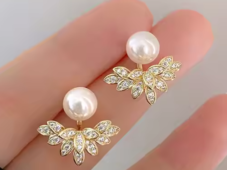 Elegant Wing Design Crystal Pearl 18K Gold Plated Detachable Pendant Earring