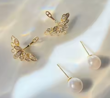 Elegant Wing Design Crystal Pearl 18K Gold Plated Detachable Pendant Earring