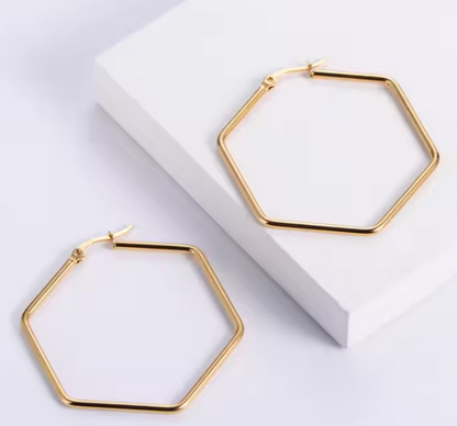 18k Gold Plated Stainless Steel Geometric Hexagon Shape Hoop Earrings