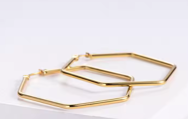 18k Gold Plated Stainless Steel Geometric Hexagon Shape Hoop Earrings