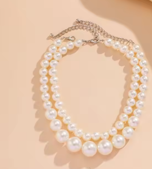 Trendy 2-Piece Set Bold Pearl Beaded Chain Choker Necklace