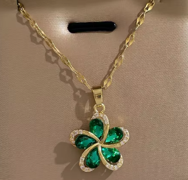 Emerald Zircon Flower Pendant Necklace High Quality 18k Gold Plated Stainless Steel