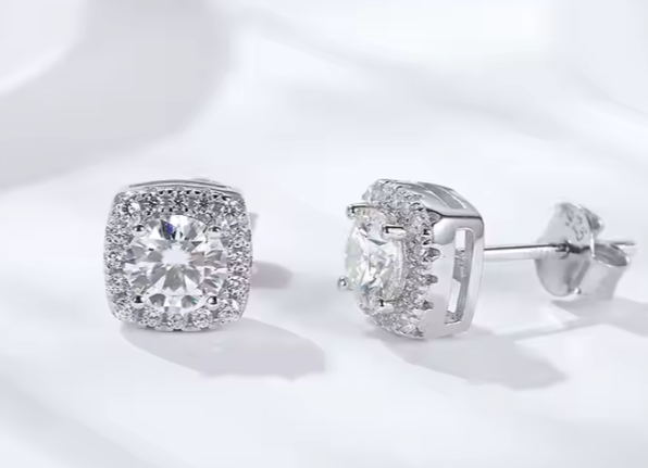 Halo Square Shape 925 Sterling Silver Moissanite 1ct Stud Earring