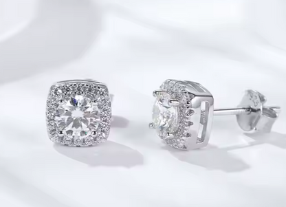 Halo Square Shape 925 Sterling Silver Moissanite 1ct Stud Earring