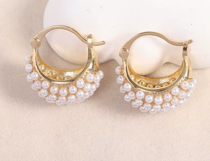 Elegant U-shaped Basket Pearl Gold Plated Crystal Korean Earrings